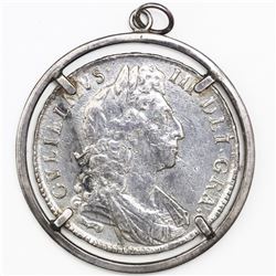 London, England, halfcrown, William III, 1697, NONO on edge, ex-Association (1707), mounted in round