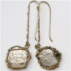 Pair of Mexico City, Mexico, cob 1R, Charles II, assayers not visible, mounted in 14K gold-wire earr