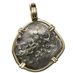 Lima, Peru, cob 1/2 real, 1719, mounted cross-side out in 14K gold bezel.