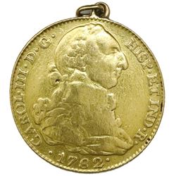 Madrid, Spain, gold bust 4 escudos, Charles III, 1782JD, with soldered gold loop.