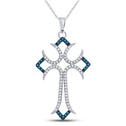 Round Blue Color Enhanced Diamond Flared Cross Pendant 1/4 Cttw 10kt White Gold