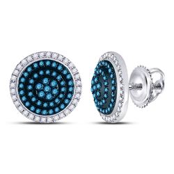 Round Blue Color Enhanced Diamond Concentric Cluster Earrings 1/2 Cttw 10kt White Gold