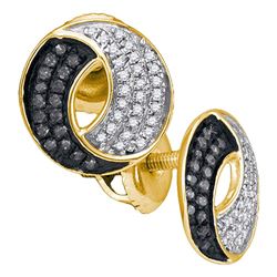 Round Black Color Enhanced Diamond Circle Cluster Earrings 1/5 Cttw 10kt Yellow Gold