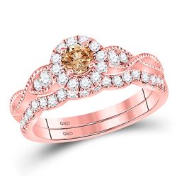 Round Brown Diamond Bridal Wedding Engagement Ring Band Set 3/4 Cttw 14kt Rose Gold