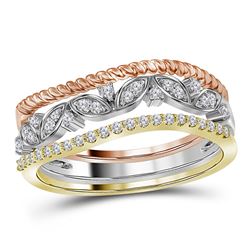 Diamond Stackable Rope Floral Band Ring 3-Piece Set 1/5 Cttw 10kt Tri-tone Gold