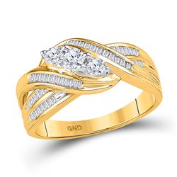 Round Baguette Diamond 3-Stone Crossover Band Ring 1/2 Cttw 10kt Yellow Gold