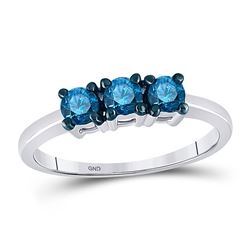 Round Blue Color Enhanced Diamond 3-stone Bridal Wedding Engagement Ring 1/2 Cttw 10kt White Gold