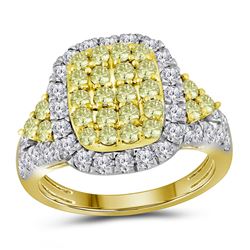 Round Canary Yellow Diamond Rectangle Cluster Ring 1-7/8 Cttw 14kt Yellow Gold