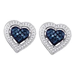 Round Blue Color Enhanced Diamond Heart Screwback Earrings 3/8 Cttw 10kt White Gold