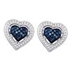 Round Blue Color Enhanced Diamond Heart Screwback Earrings 3/8 Cttw 10kt White Gold
