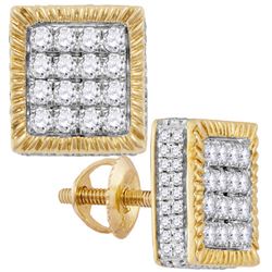 Mens Diamond Square 3D Cluster Stud Earrings 1.00 Cttw 10kt Yellow Gold