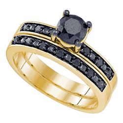 Round Black Color Enhanced Diamond Bridal Wedding Engagement Ring Band Set 1.00 Cttw 10kt Yellow Gol