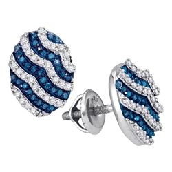 Round Blue Color Enhanced Diamond Oval Stripe Cluster Earrings 1/2 Cttw 10kt White Gold