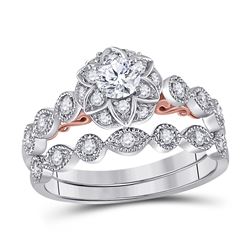 Diamond Lotus Bridal Wedding Ring Band Set 3/4 14kt Two-tone Gold