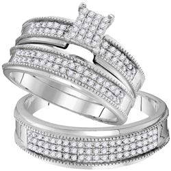 His & Hers Diamond Cluster Matching Bridal Wedding Ring Band Set 3/4 Cttw 10kt White Gold