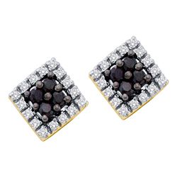 Round Black Color Enhanced Diamond Square Cluster Earrings 1/4 Cttw 14kt Yellow Gold