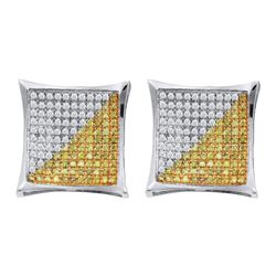 Mens Round Yellow Color Enhanced Diamond Square Cluster Earrings 1/4 Cttw 10kt White Gold