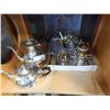 Image 1 : BOX OF SILVER PLATE SERVING PIECES AND TEA POT