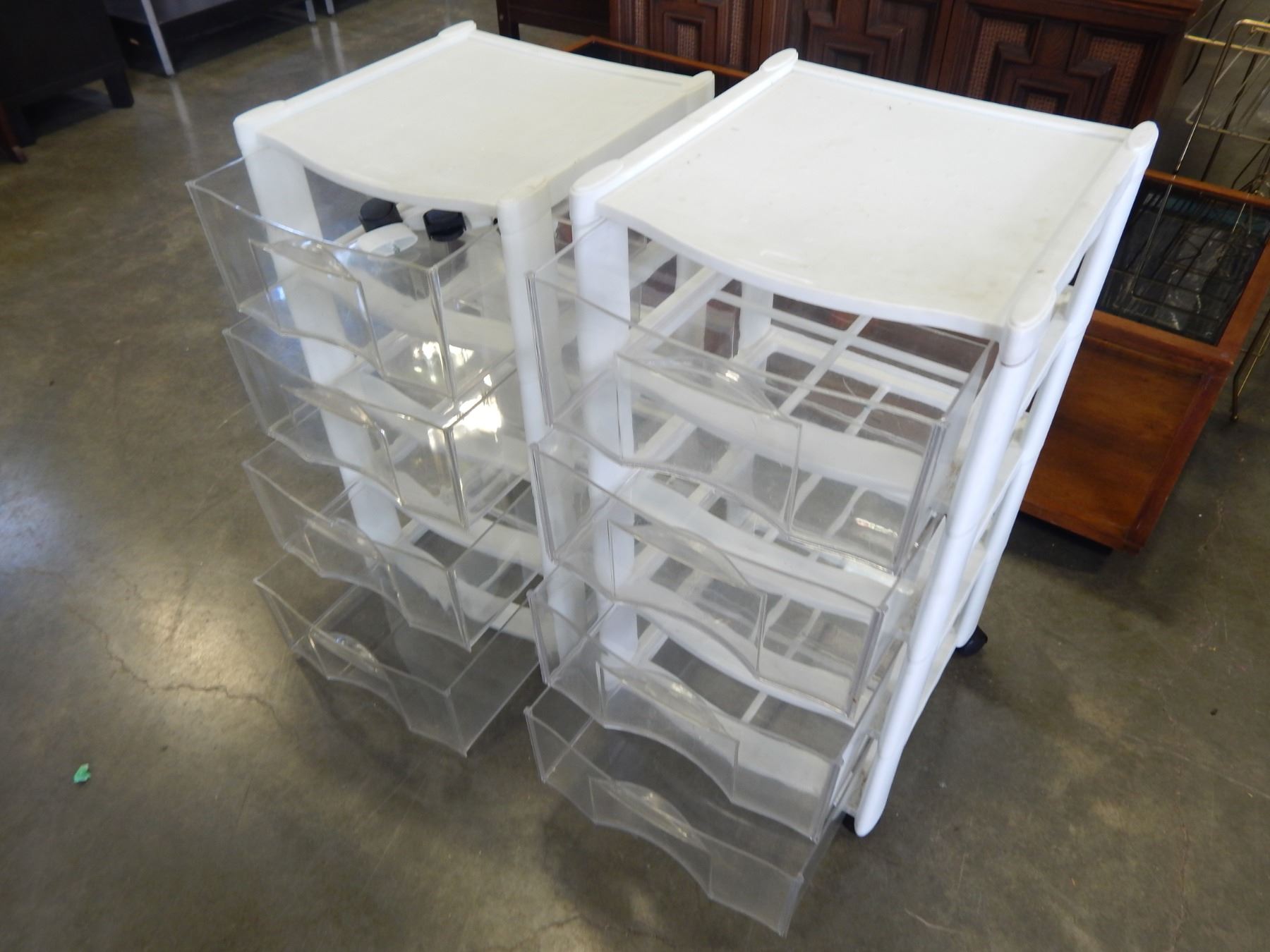 2 WHITE 4 DRAWER RUBBERMAID ORGANIZERS ON WHEELS