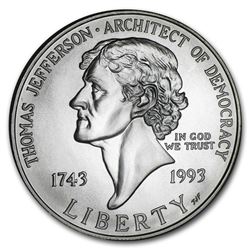 1993-P Jefferson 250th Anniversary $1 Silver Commem BU (Box/COA)