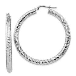 14k White Gold Diamond-cut Round Hoop Earrings - 4x35 mm