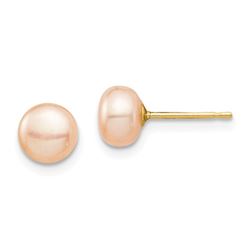 14k Yellow Gold Pink Button Pearl Stud Post Earrings - 6-7 mm