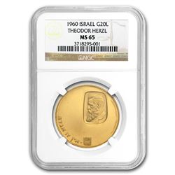 1960 Israel Gold 20 Lirot Theodor Herzl Centenary MS-65 NGC