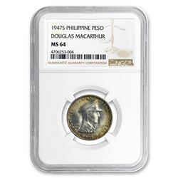 1947-S Philippines Silver Peso MacArthur MS-64 NGC