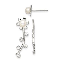 Sterling Silver 4-5 mm Button Pearl w/ CZ Earrings - 57 mm