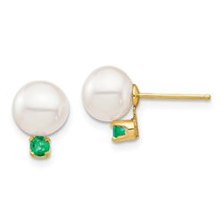 14k Yellow Gold White Pearl Emerald Post Earrings - 7-7.5 mm