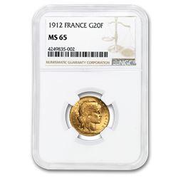 1912 France Gold 20 Francs Rooster MS-65 NGC