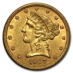 1907-D $5 Liberty Gold Half Eagle AU