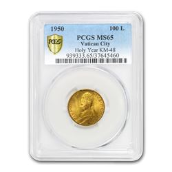 1950 Vatican City Gold 100 Lire Pope Pius XII MS-65 PCGS