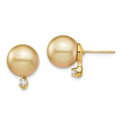 14k Yellow Au Golden South Sea Pearl .10ct Dia Earrings - 9-10 mm