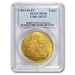 1813-SO FJ Chile Gold 8 Escudos Ferdinand VII MS-60 PCGS (1813/2)