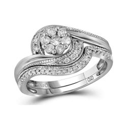 14kt White Gold Diamond Cluster Amour Bridal Wedding Engagement Ring Band Set 1/2 Cttw