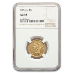1843-D $5 Liberty Gold Half Eagle AU-58 NGC