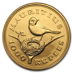1975 Mauritius Gold 1000 Rupees Conservation Series Flycatcher BU