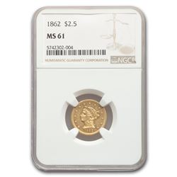 1862 $2.50 Liberty Gold Quarter Eagle MS-61 NGC