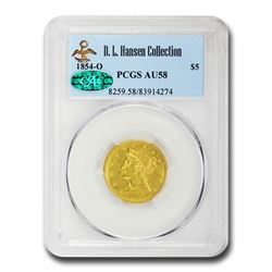 1854-O $5 Liberty Gold Half Eagle AU-58 PCGS CAC
