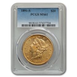 1891-S $20 Liberty Gold Double Eagle MS-61 PCGS