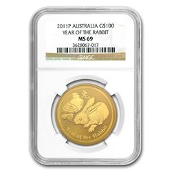 2011 1 oz Gold Lunar Year of the Rabbit MS-69 NGC (Series II)