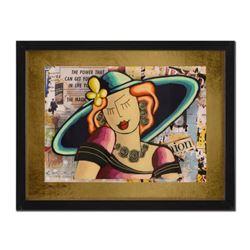 Oz El Hai, "Blue Hat, Vintage Series (Version 1)" Framed Original 3D Mixed Media Painting on Board; 