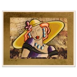 Oz El Hai, "Yellow Hat, Vintage Series" Original 3D Mixed Media Painting on Board, Hand Signed with 