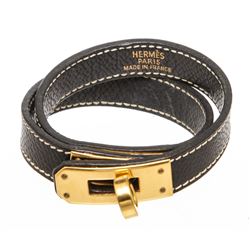 Hermes Black Leather Gold Plated Kelly Double Tour Bracelet