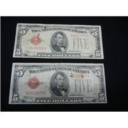 2 - Series 1928 C United States $5.00 Red Seal Notes