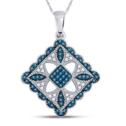 Round Blue Color Enhanced Diamond Square Pendant 1/4 Cttw 10kt White Gold