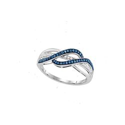 Round Blue Color Enhanced Diamond Double Row Crossover Band 1/5 Cttw 10kt White Gold