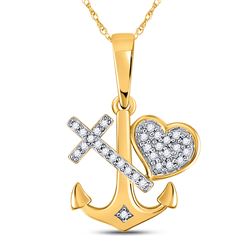 Diamond Heart Cross Anchor Pendant 1/12 Cttw 10kt Yellow Gold