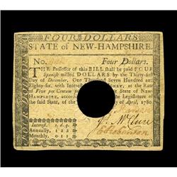 New Hampshire April 29, 1780 $4 Extremely Fine. Hole-ca New Hampshire April 29, 1780 $4 Extremely Fi